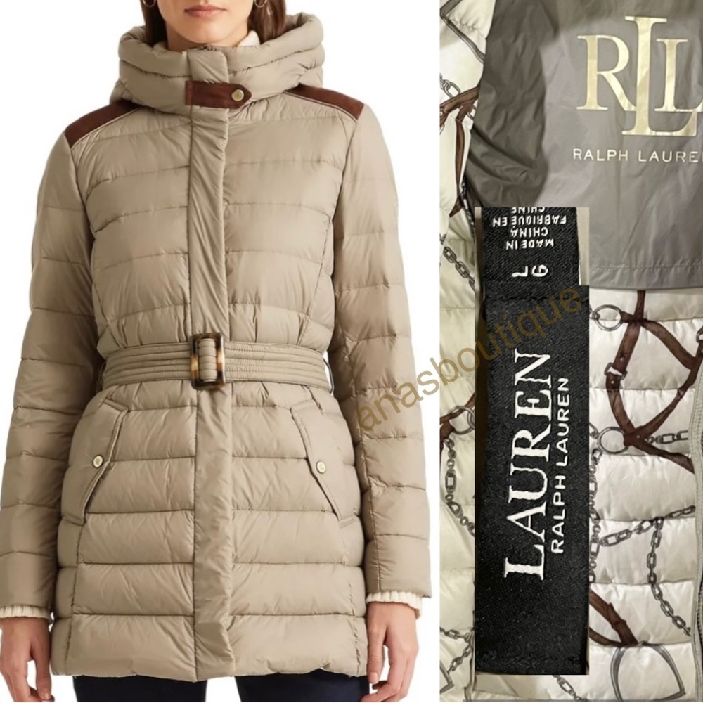 Black label LRL quilted hooded longline taupe packable puffer jacket Size Large
